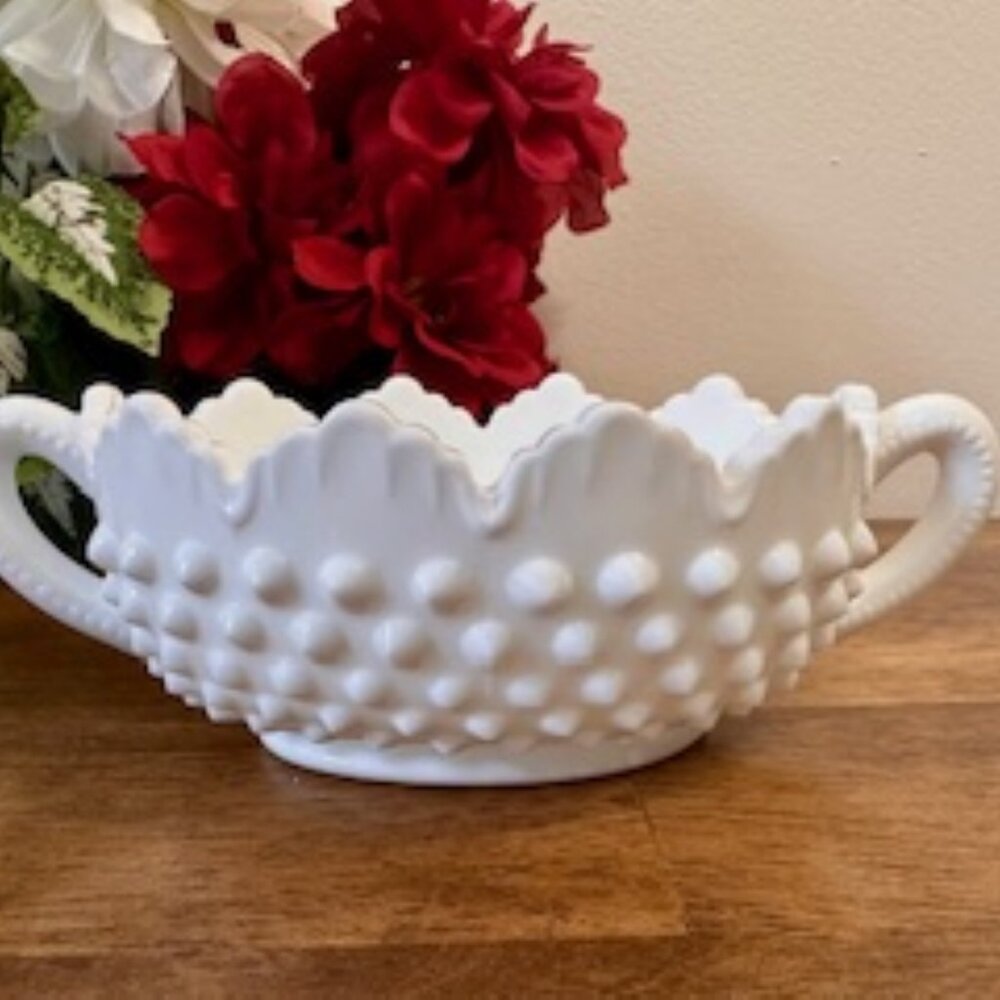 Fenton Hobnail Milk Glass‎ Oval Candy Nut Dish with Handles Vintage White Bowl